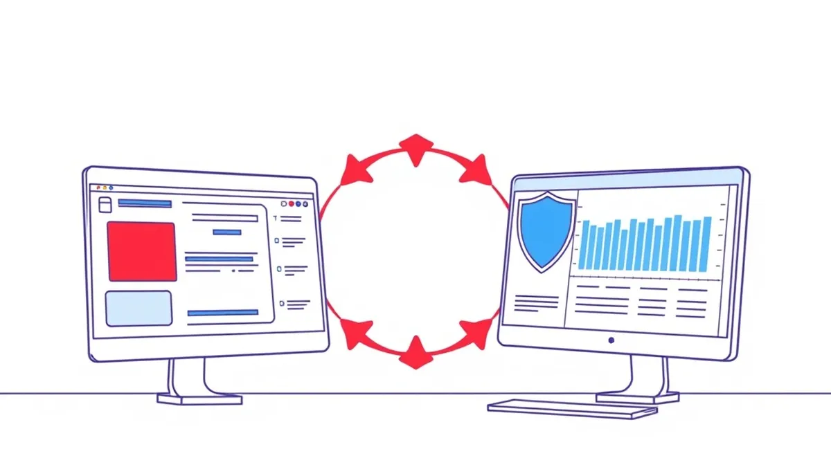 Illustration: A split workspace shows a red attack simulation tool feeding directly into a blue detection dashboard through a circular feedback loop.