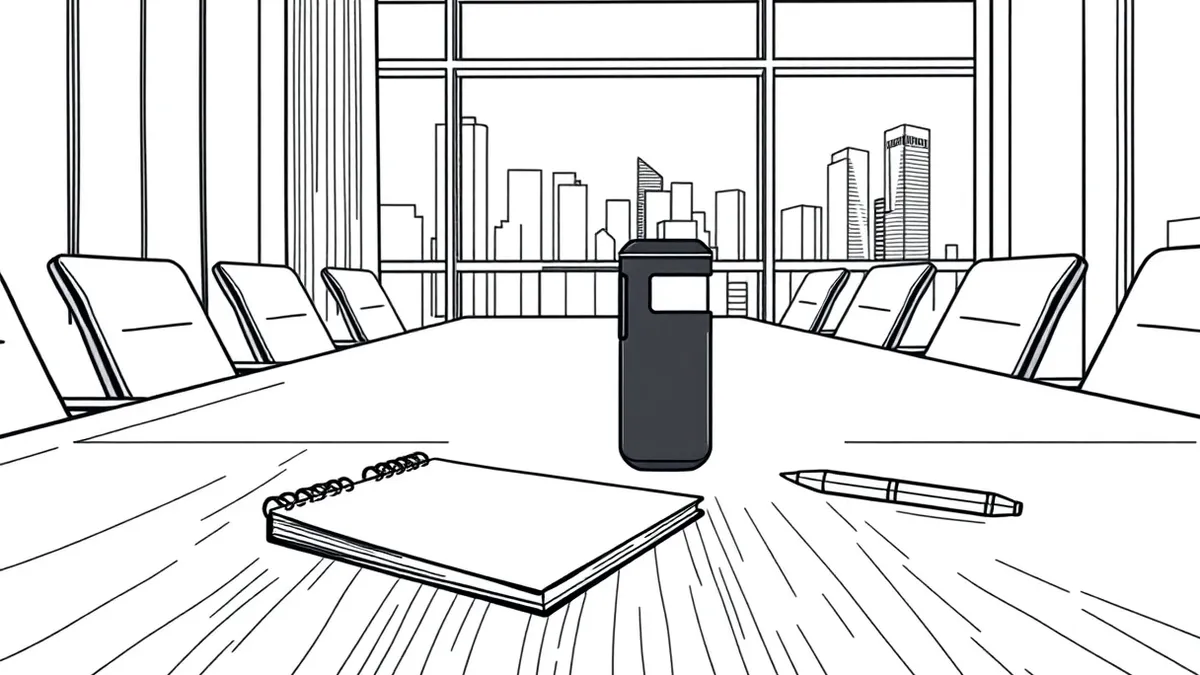 Illustration: A small black cylindrical audio recorder rests on a polished wooden table in a modern conference room.