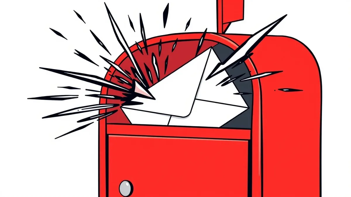 Illustration: A sleek white envelope slides into a bright red mailbox slot.