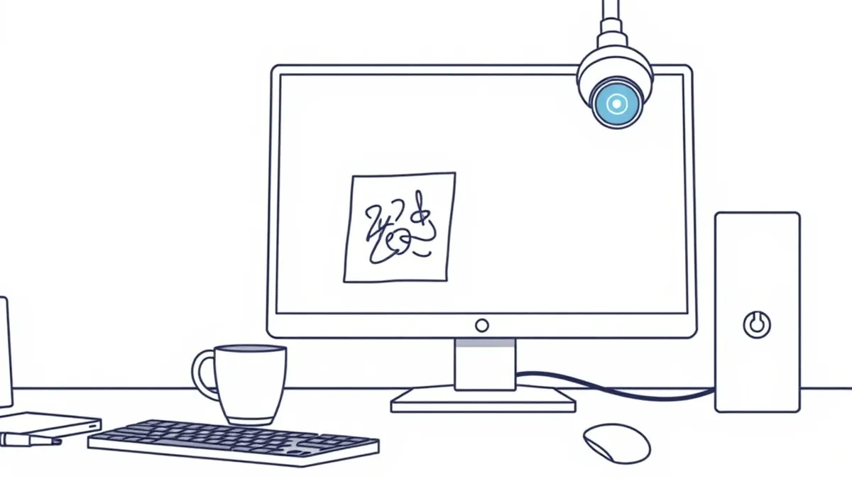 Illustration: A single sticky note with abstract scribbles rests on a blank computer monitor in a sterile office.
