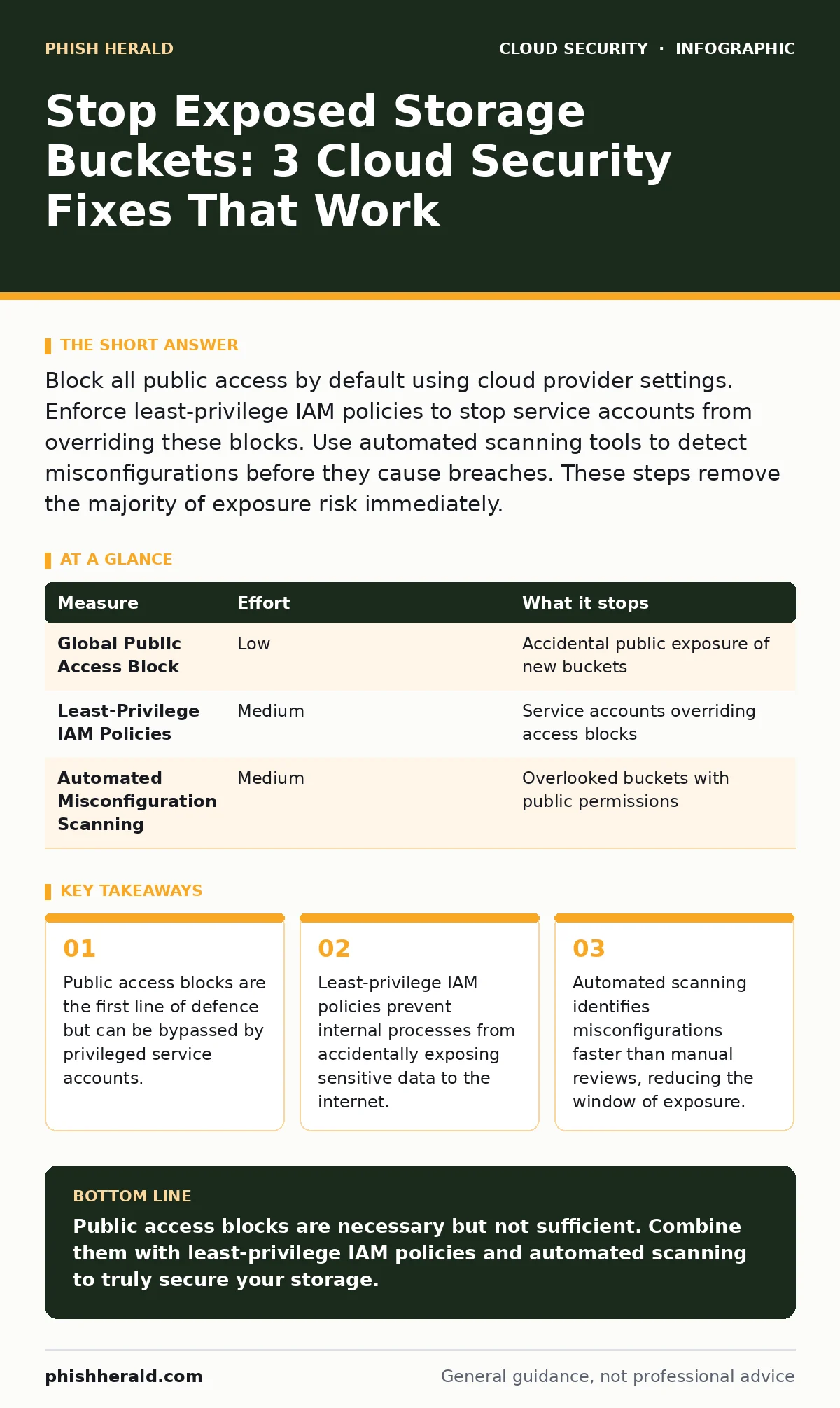 Infographic: Stop Exposed Storage Buckets: 3 Cloud Security Fixes That Work. Public access blocks are the first line of defence but can be bypassed by privileged service accounts. Least-privilege IAM policies prevent internal processes from accidentally exposing sensitive data to the internet. Autom