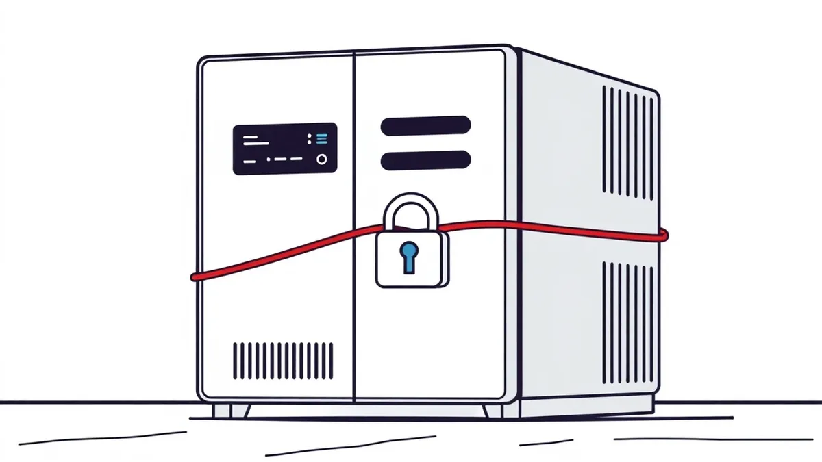 Illustration: A sleek metallic server sits on a concrete floor, its front panel displaying blank abstract status lights.