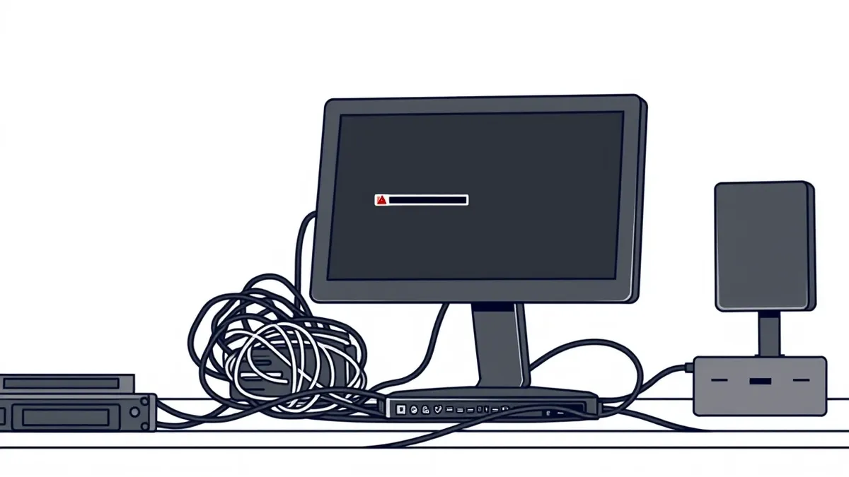 Illustration: A sleek black terminal sits on a cluttered desk beside a tangled nest of ethernet cables.