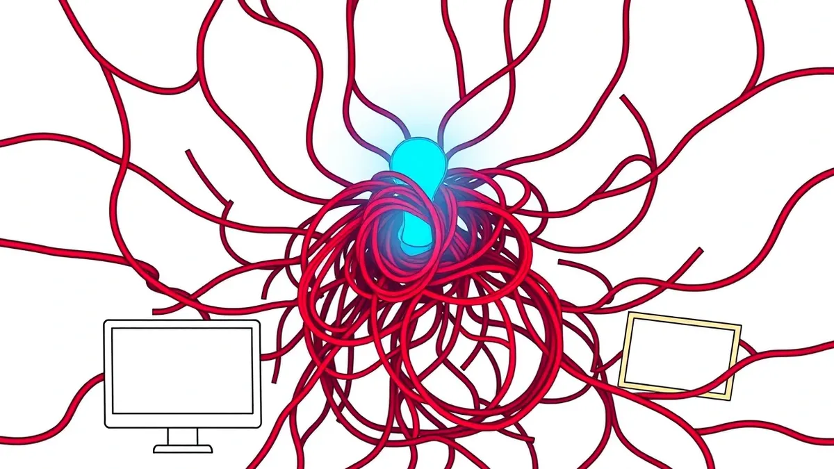 Illustration: A glowing blue network node sits at the center of a chaotic web of tangled, aggressive red threads.