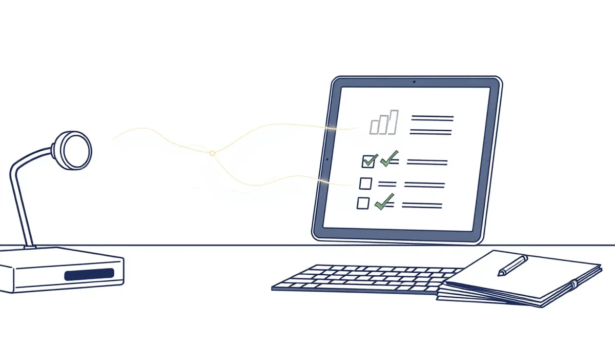 Illustration: A clean digital workspace features a sleek tablet resting on a desk beside a physical security patch drive.