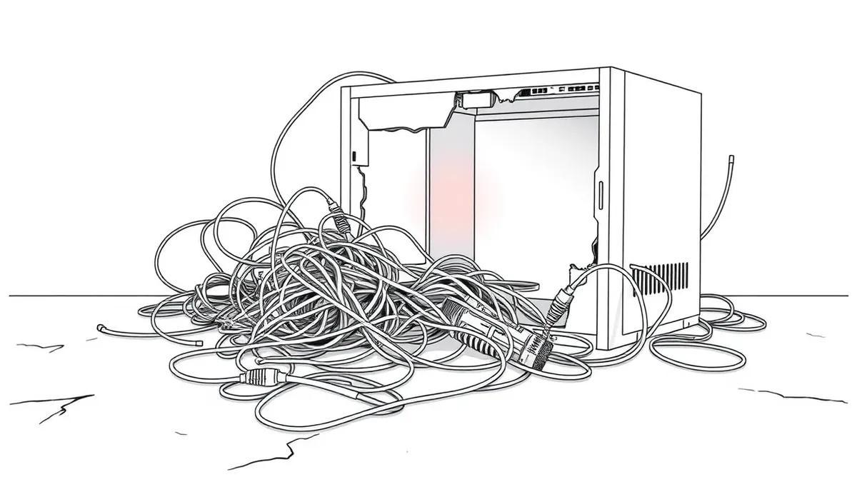 Illustration: A chaotic tangle of tangled ethernet cables spills from a broken, generic white server box onto a concrete floor.