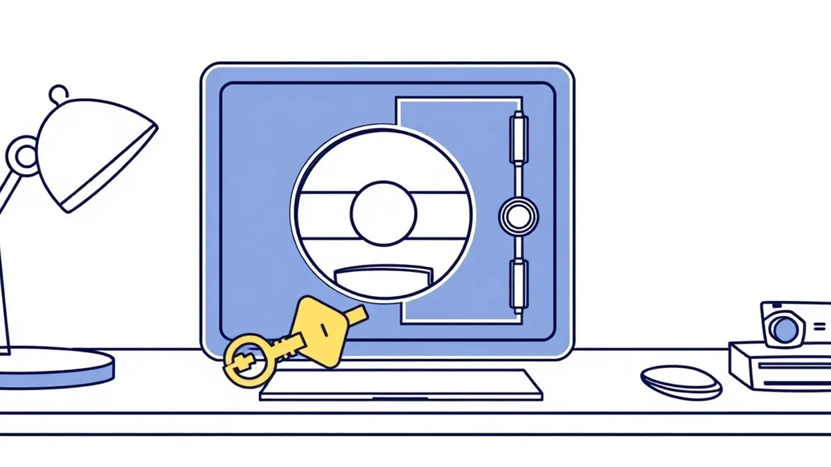 Illustration: A sleek digital vault sits on a minimalist desk, its surface reflecting soft ambient light.