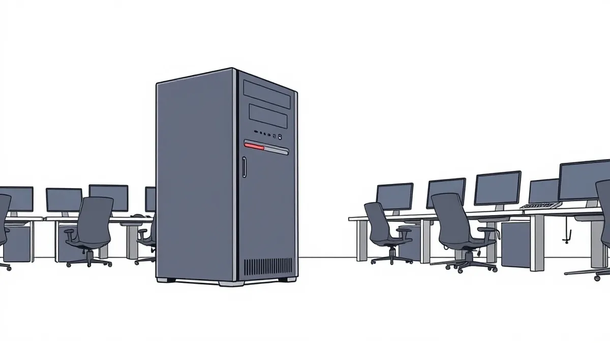 Illustration: A dusty, obsolete server tower sits isolated in a dim corner of a modern tech office.