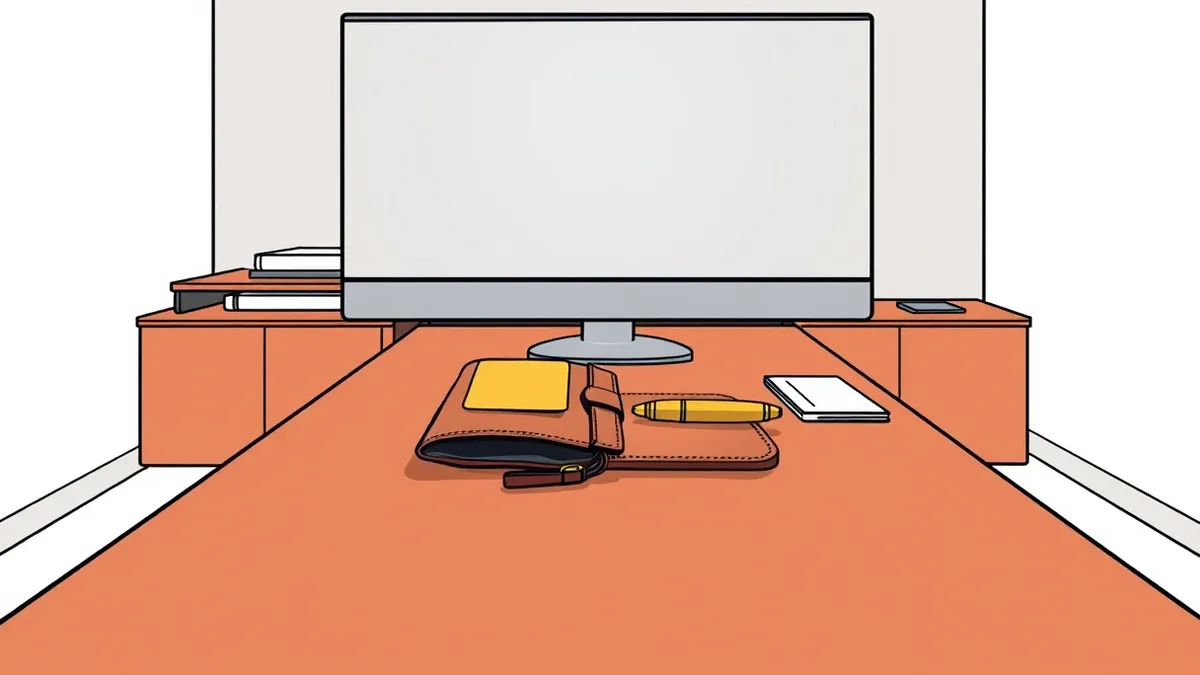 Illustration: A sleek executive desk sits in a dimly lit office, bathed in the cold glow of a single monitor.