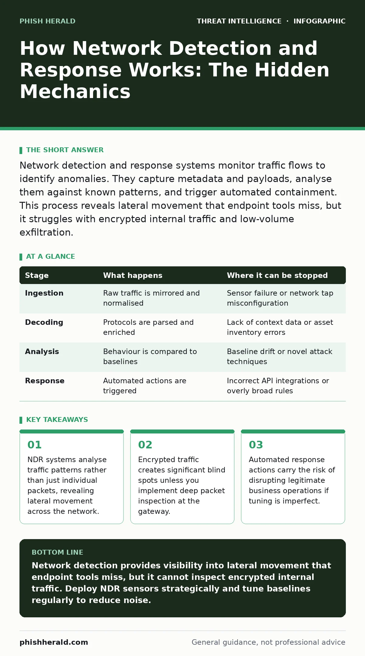 Infographic: How Network Detection and Response Works: The Hidden Mechanics. NDR systems analyse traffic patterns rather than just individual packets, revealing lateral movement across the network. Encrypted traffic creates significant blind spots unless you implement deep packet inspection at the g