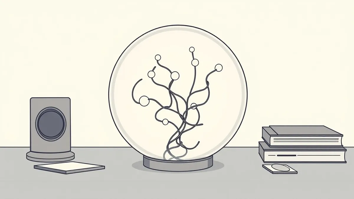Illustration: A transparent glass sphere sits on a dark desk, containing twisted metallic threads that glow faintly.