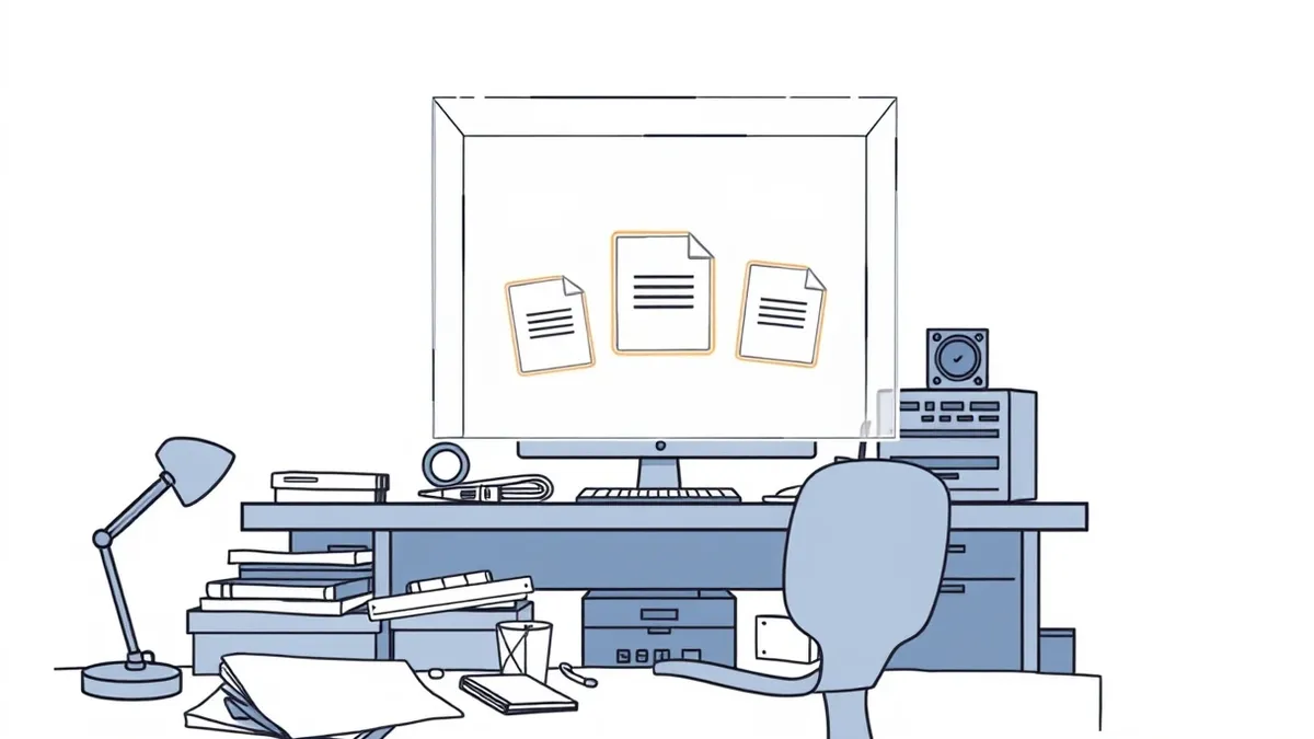Illustration: A translucent containment box hovers above a cluttered desk, trapping three distorted digital file icons inside its glowing walls.