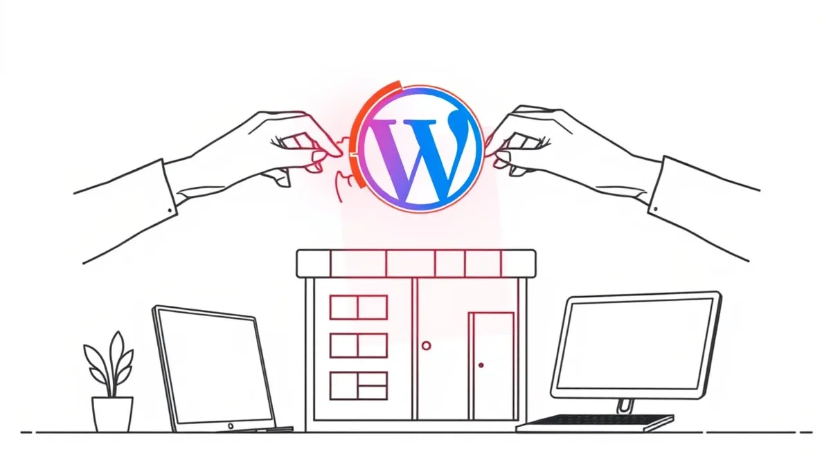 Illustration: A glowing WordPress interface floats above a cracked digital storefront.