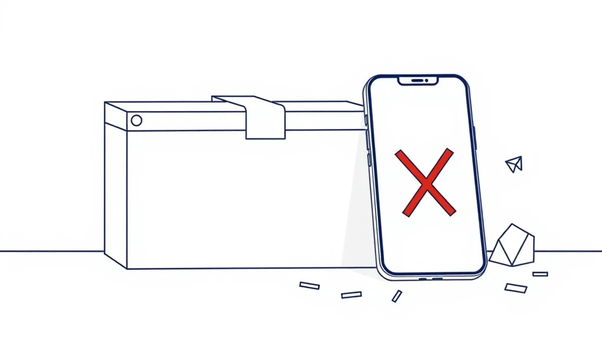 Illustration: A sleek, closed metal box sits on a desk next to a generic smartphone displaying a blank screen with a large red cross.