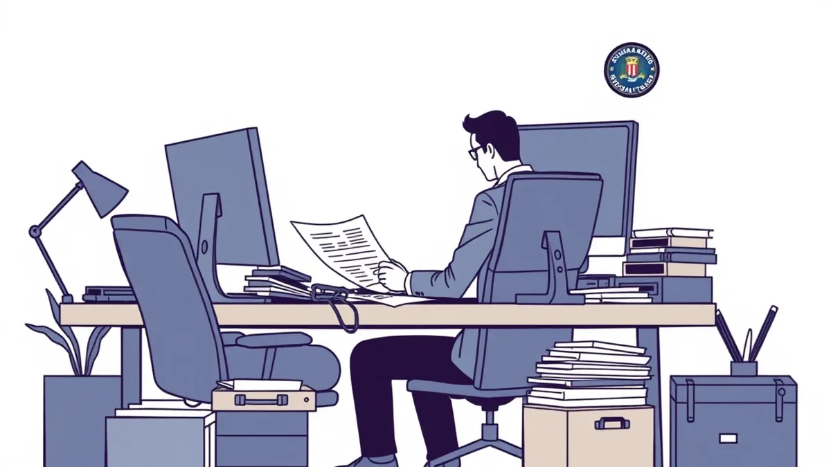 Illustration: A Canadian negotiator sits at a cluttered office desk, reviewing documents related to ransomware extortion charges while FBI agents expand their global investigation