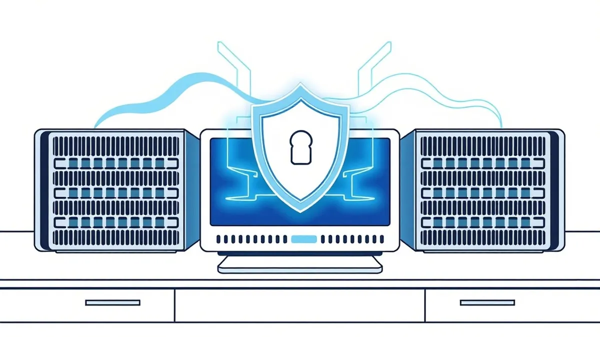 Illustration: A sleek network firewall device sits on a clean white desk, its blank status panel glowing with soft abstract blue waves.