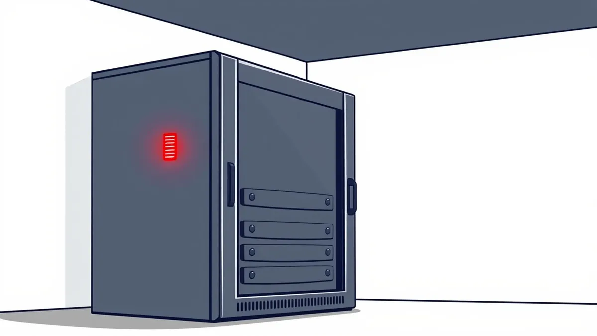 Illustration: A sleek black server rack sits in a dimly lit room with one single red warning light blinking on the front panel.