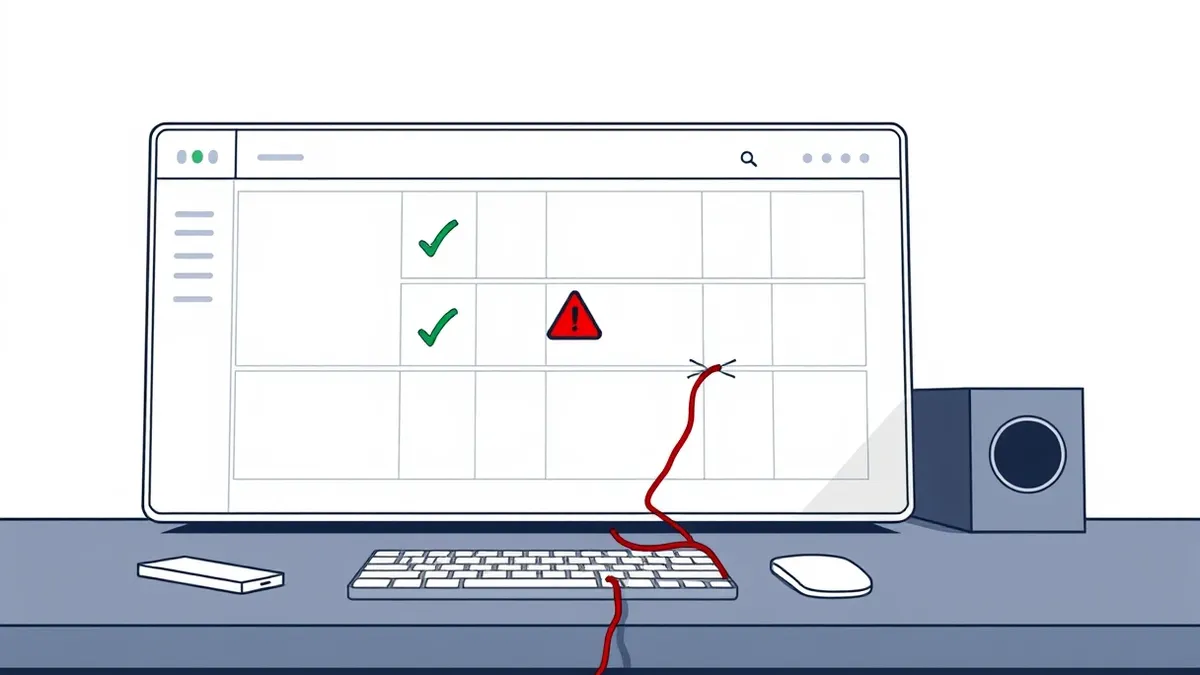 Illustration: A sleek, white security dashboard rests on a dark desk, displaying a grid of blank status cards.