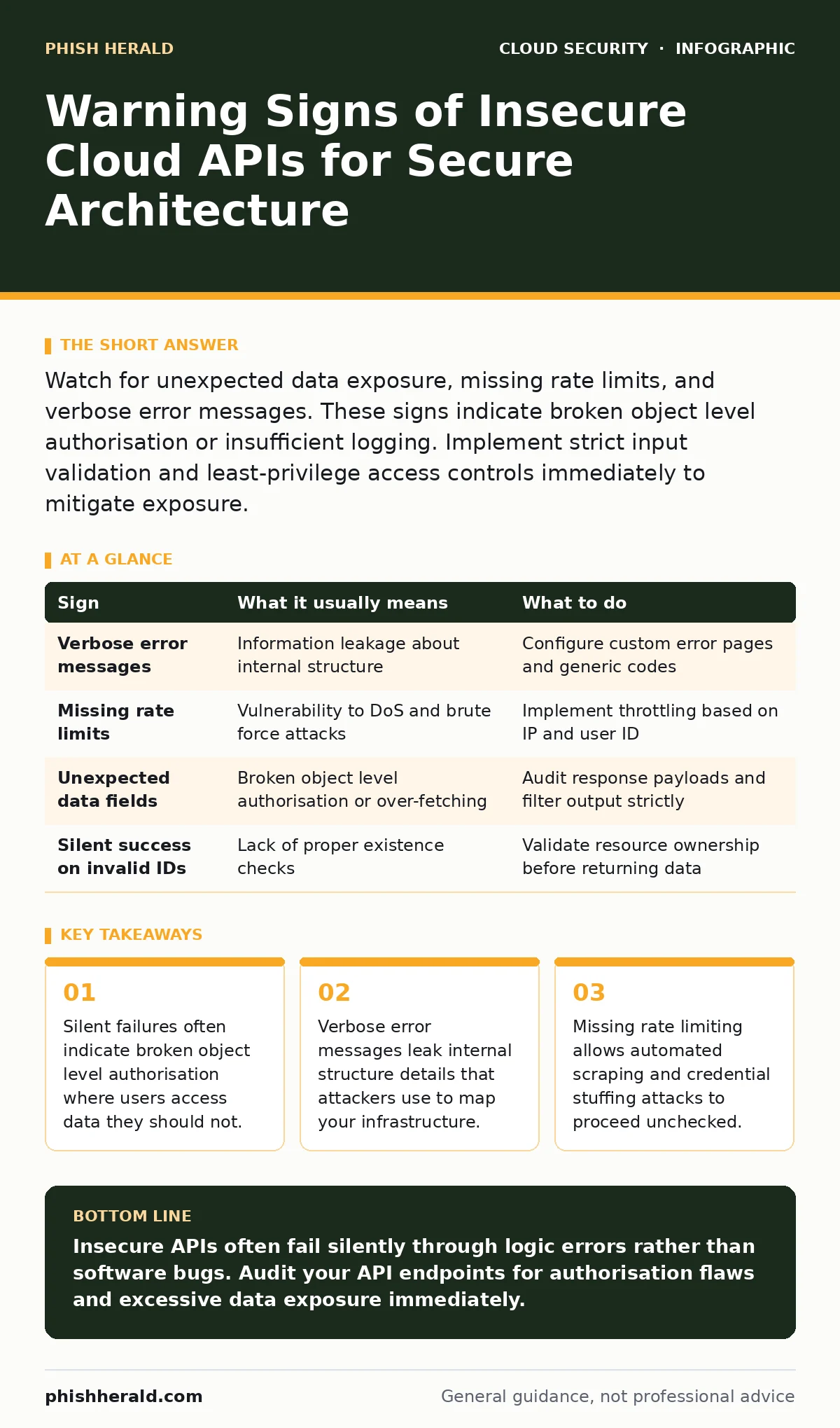 Infographic: Warning Signs of Insecure Cloud APIs for Secure Architecture. Silent failures often indicate broken object level authorisation where users access data they should not. Verbose error messages leak internal structure details that attackers use to map your infrastructure. Missing rate limi