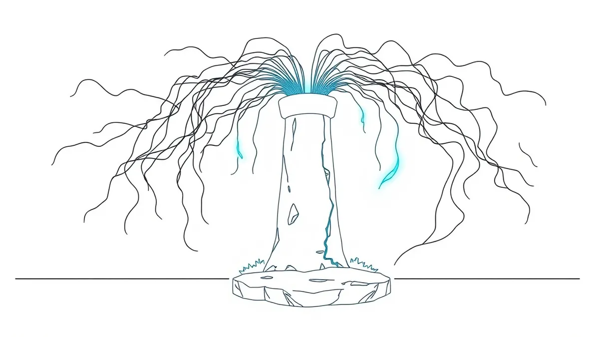 Illustration: A tangled web of glowing, translucent threads connects to a central, crumbling stone pillar representing an API gateway.