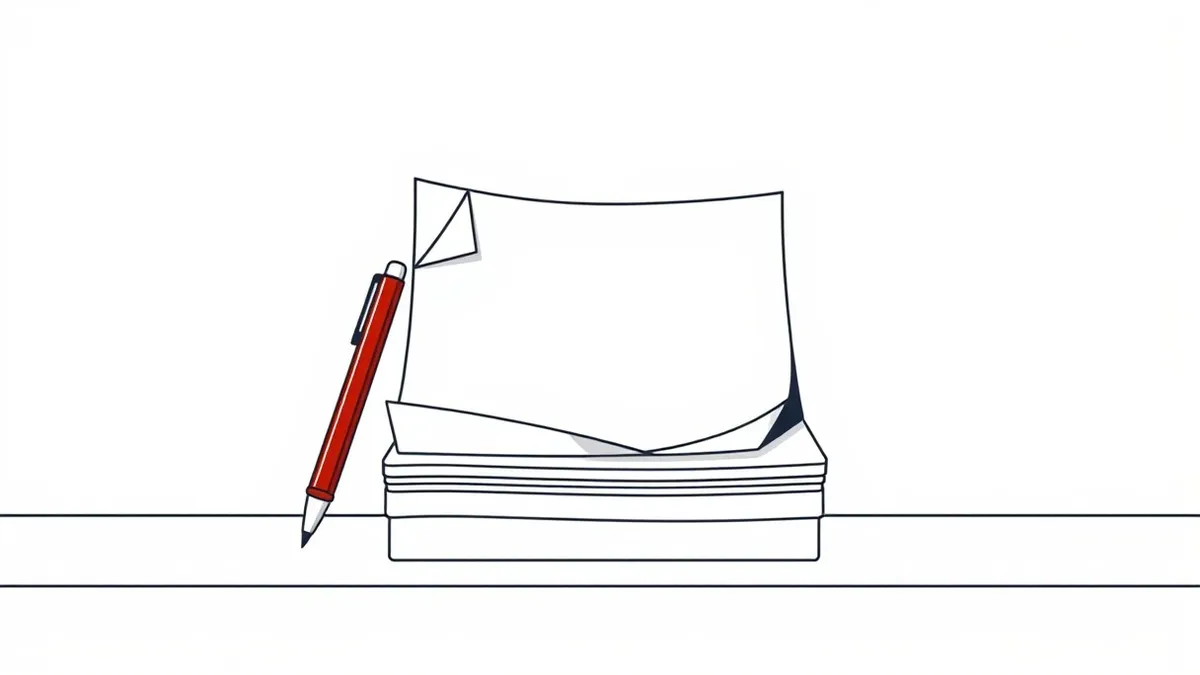 Illustration: A white office desk holds a single sheet of blank paper next to a red pen.