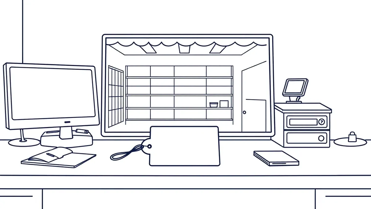 Illustration: A generic open-source e-commerce storefront sits on a cluttered office desk.