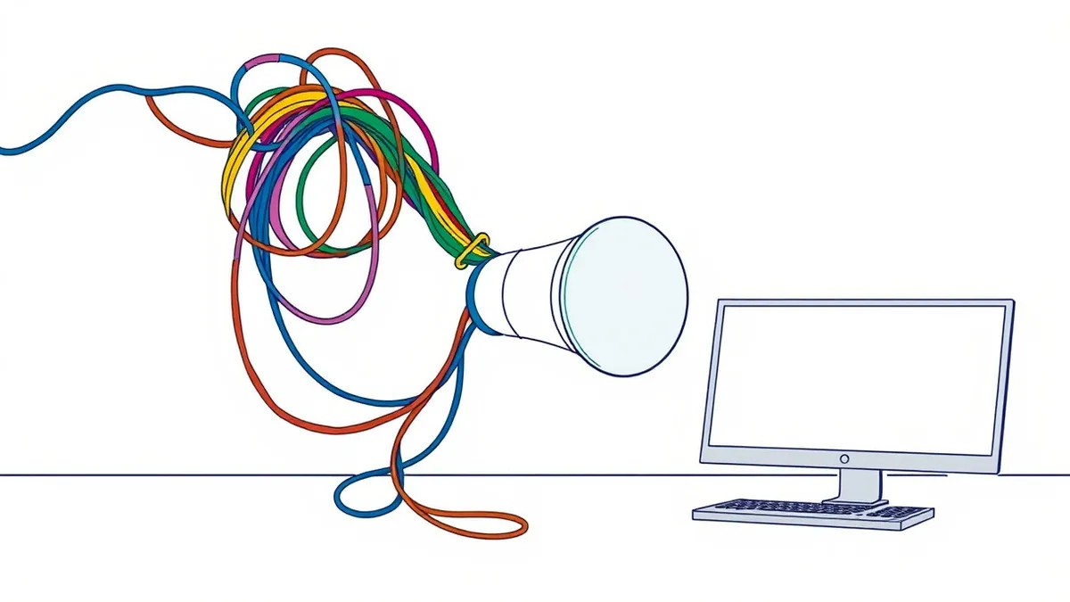 Illustration: A tangled bundle of colorful cables merges into a single, smooth conduit flowing into a transparent glass lens.