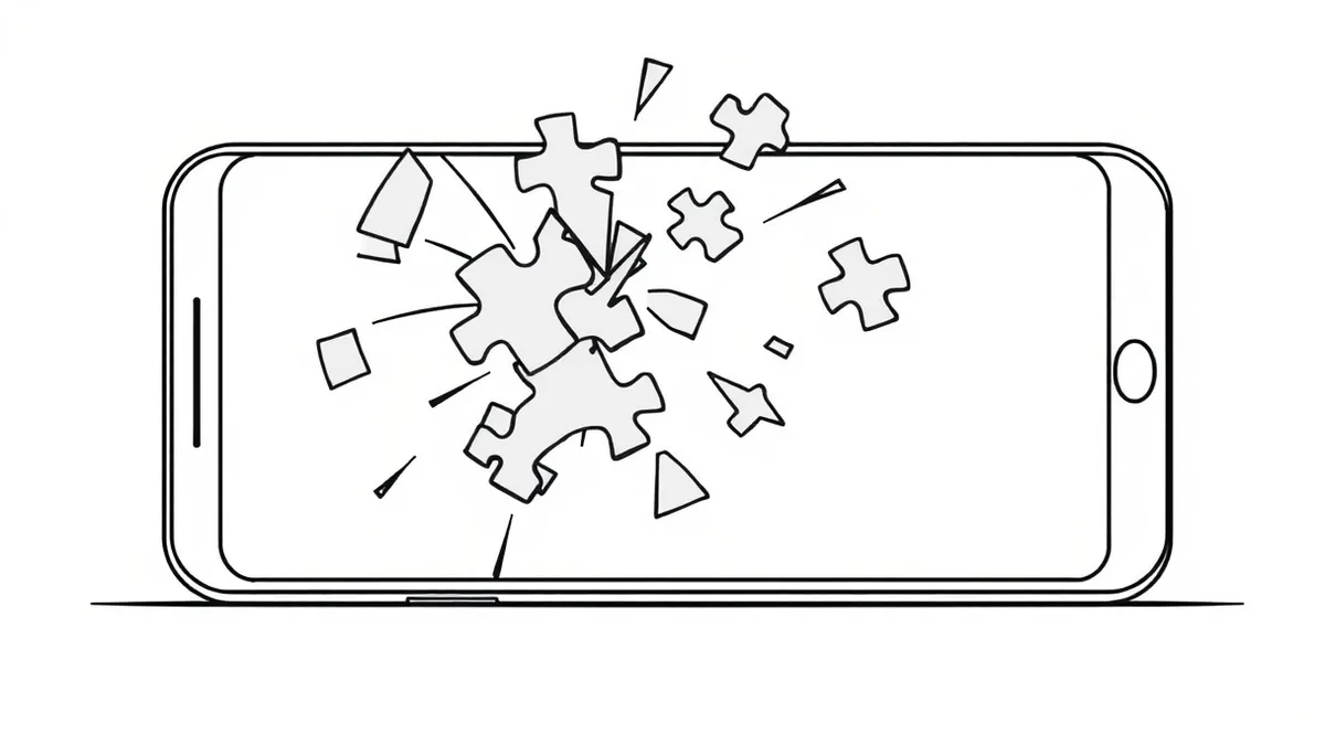 Illustration: A cracked smartphone screen displays fragmented, jagged puzzle pieces floating in mid-air, representing corrupted data structures.