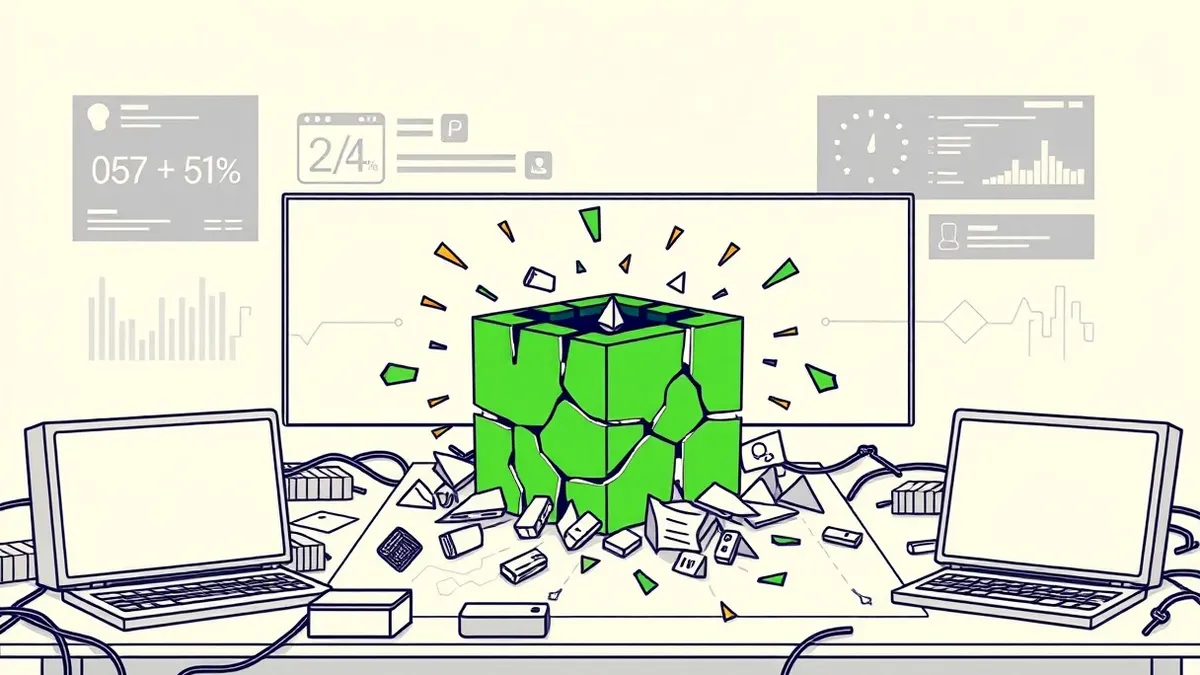 Illustration: A cracked green cube sits on a cluttered digital dashboard, leaking jagged shards of unstructured data.