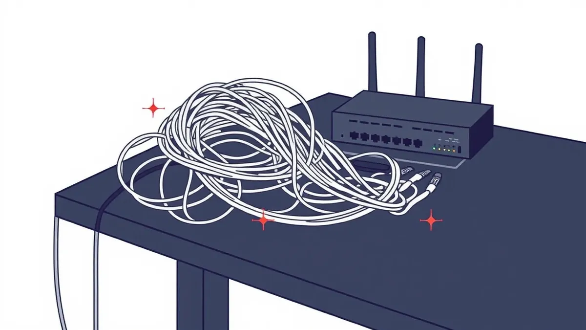 Illustration: A tangled knot of fiber optic cables rests on a dark technical table beside a single router with its ports exposed.