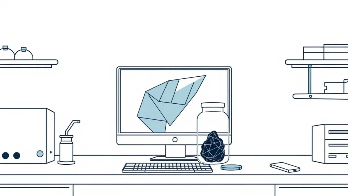 Illustration: A sterile laboratory workbench holds a isolated computer monitor displaying only abstract geometric shapes.