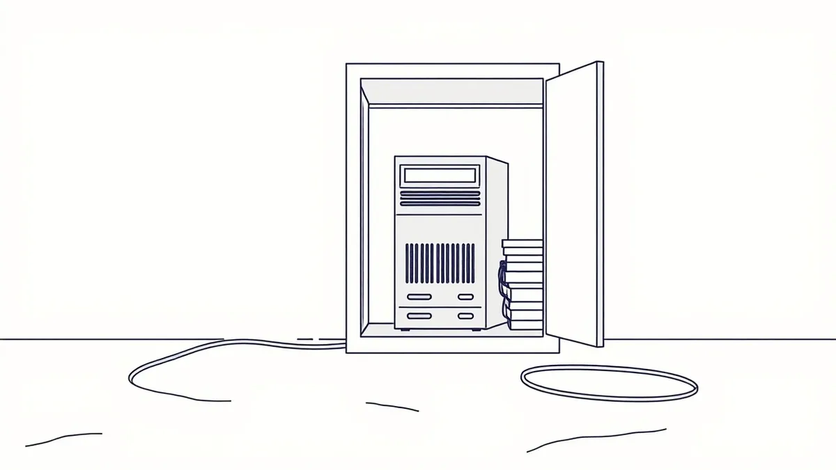 Illustration: A sturdy metal box sits on a concrete floor, completely disconnected from any visible cables or wires.