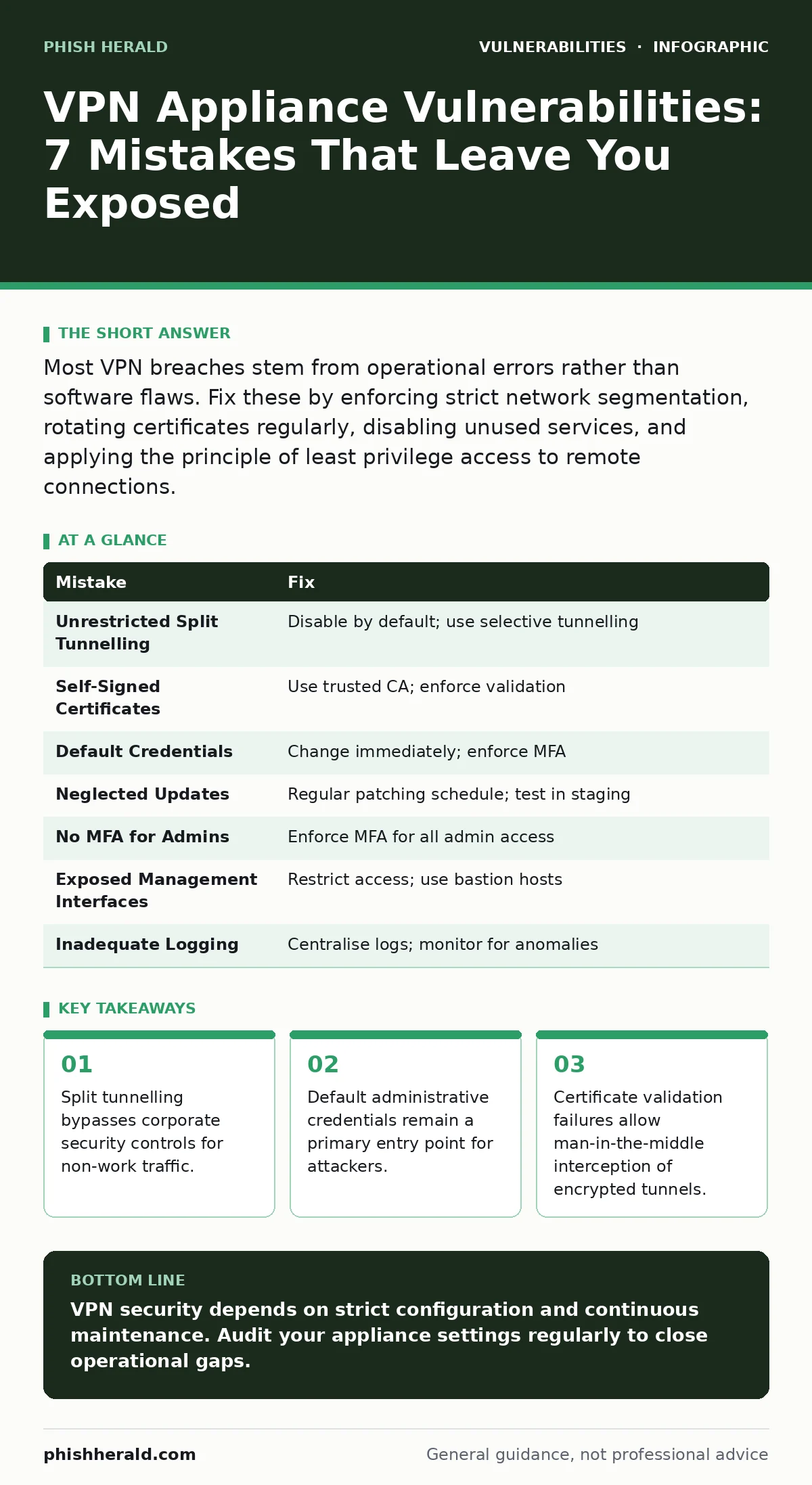 Infographic: VPN Appliance Vulnerabilities: 7 Mistakes That Leave You Exposed. Split tunnelling bypasses corporate security controls for non-work traffic. Default administrative credentials remain a primary entry point for attackers. Certificate validation failures allow man-in-the-middle intercepti