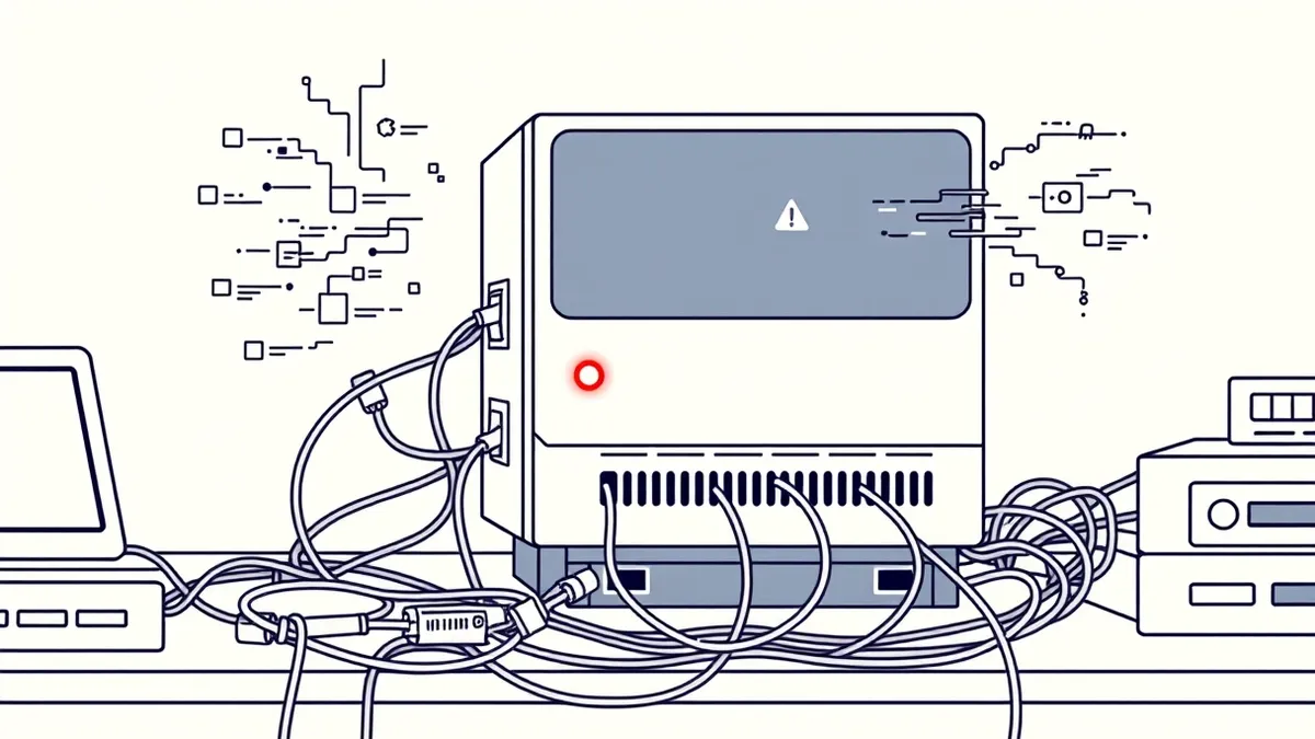 Illustration: A standalone network security appliance sits on a cluttered office desk with tangled ethernet cables.