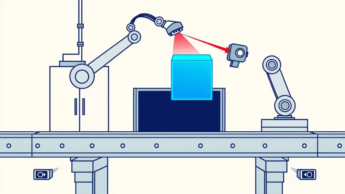 Illustration: A glowing blue cube representing a container image sits on a digital conveyor belt.