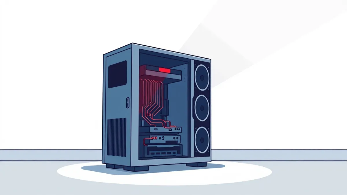 Illustration: A rugged server tower sits open in a dimly lit room, its internal circuitry exposed.