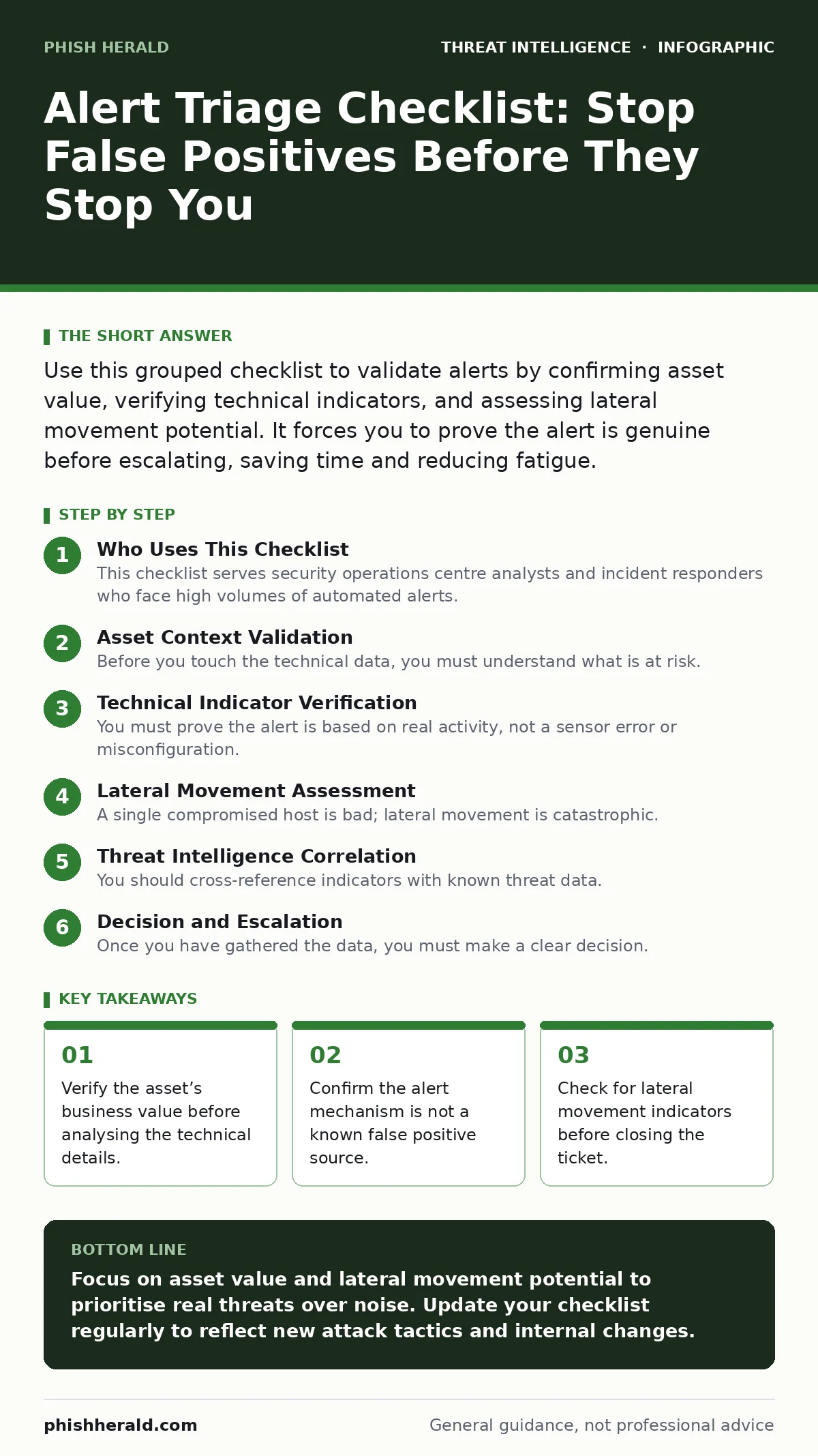 Infographic: Alert Triage Checklist: Stop False Positives Before They Stop You. Verify the asset’s business value before analysing the technical details. Confirm the alert mechanism is not a known false positive source. Check for lateral movement indicators before closing the ticket.