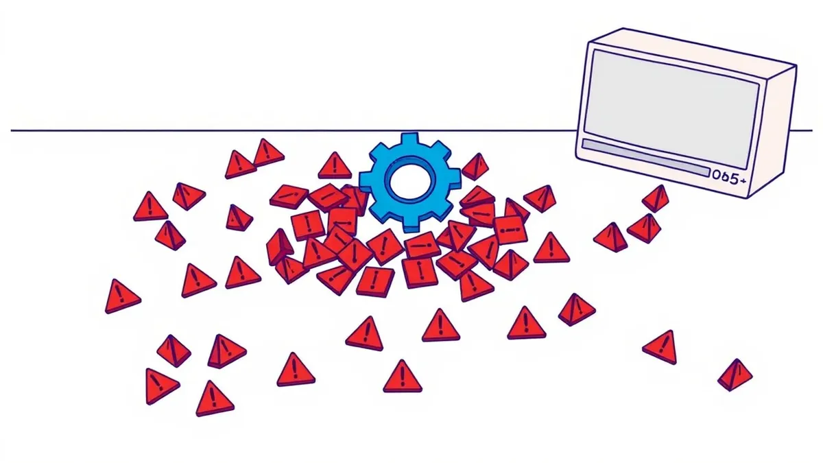 Illustration: A scattered pile of identical red warning icons lies abandoned on a desk while a single blue gear mechanism sits intact and glowing in the center, suggesting a focus