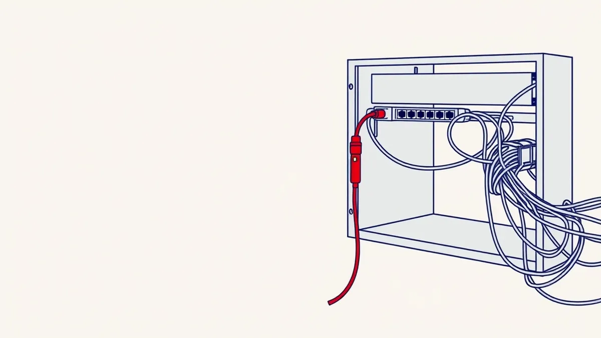 Illustration: A tangled nest of network cables connects to a blank server chassis with its side panel removed.