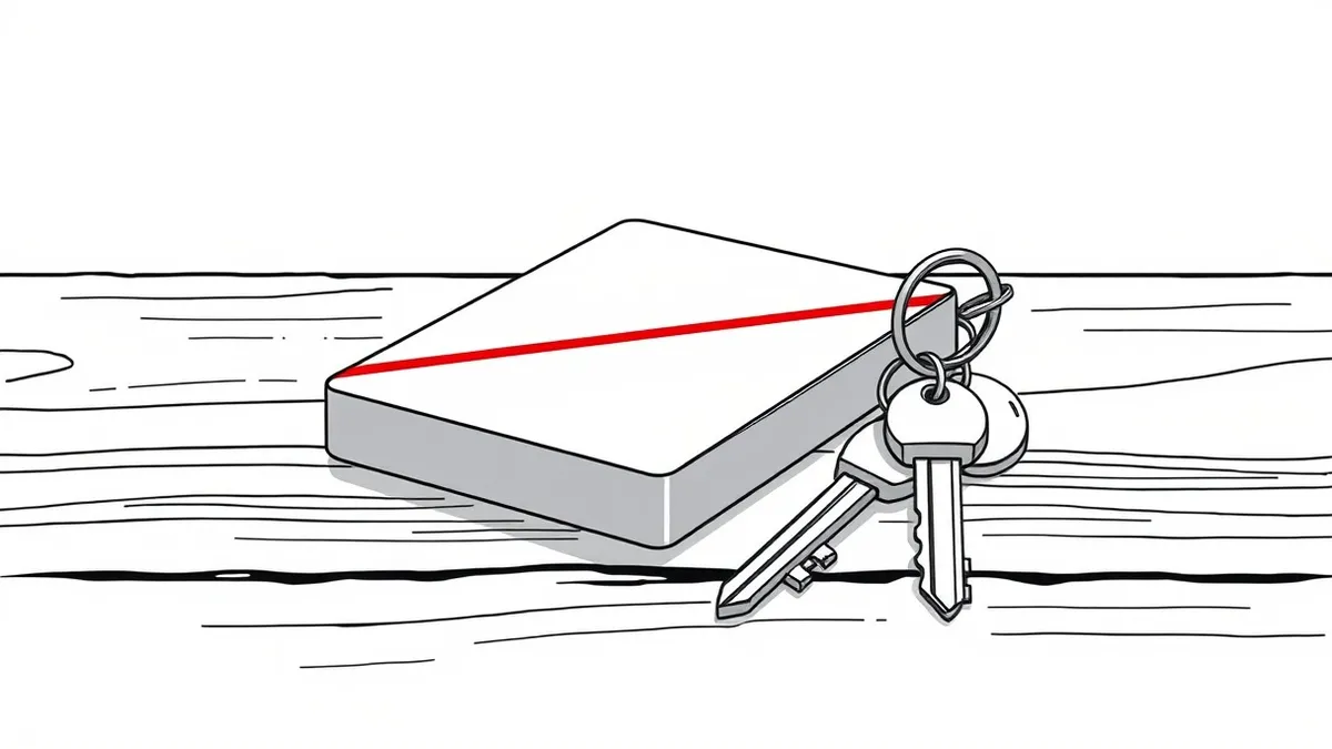 Illustration: A silver external hard drive sits on a dusty wooden table next to a set of metallic house keys.
