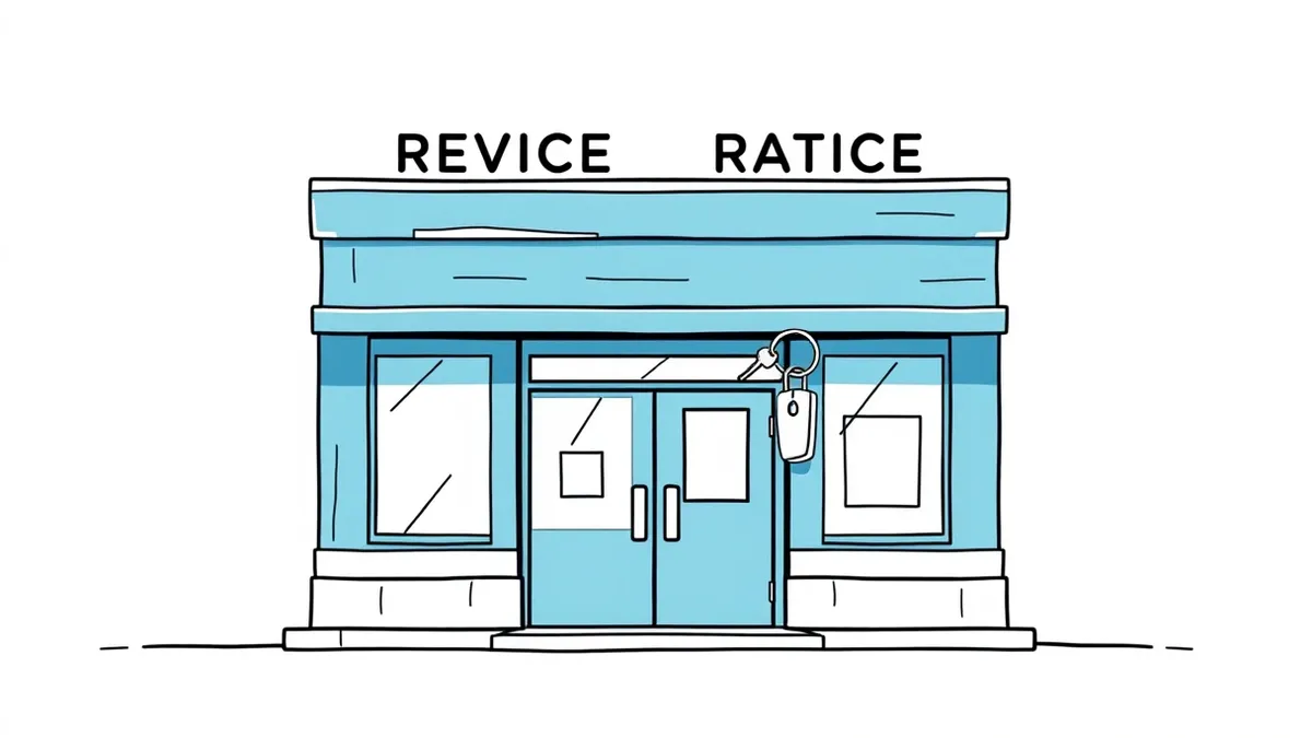 Illustration: A weathered blue state vehicle registration office facade stands closed with a padlocked door.