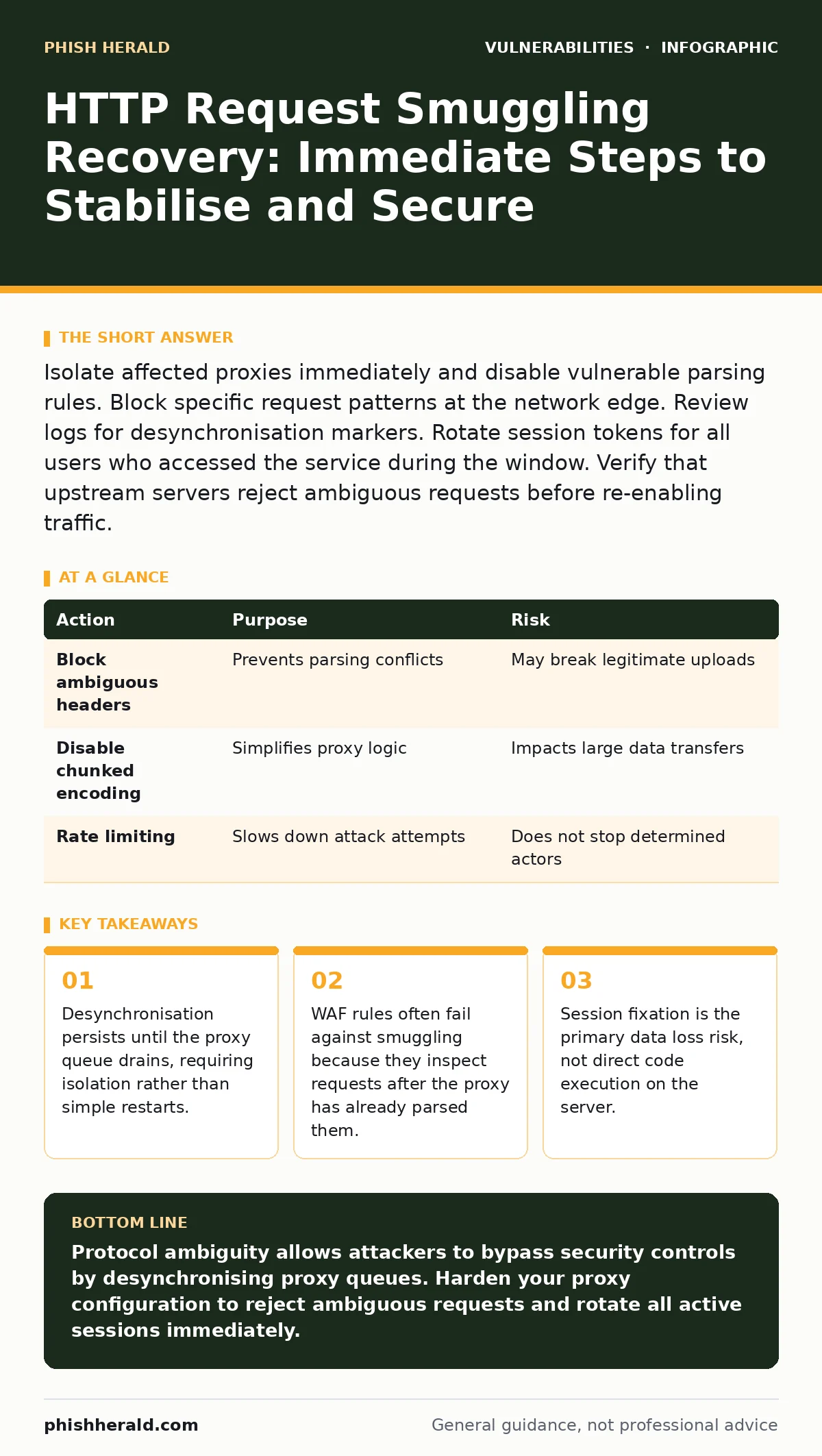 Infographic: HTTP Request Smuggling Recovery: Immediate Steps to Stabilise and Secure. Desynchronisation persists until the proxy queue drains, requiring isolation rather than simple restarts. WAF rules often fail against smuggling because they inspect requests after the proxy has already parsed the