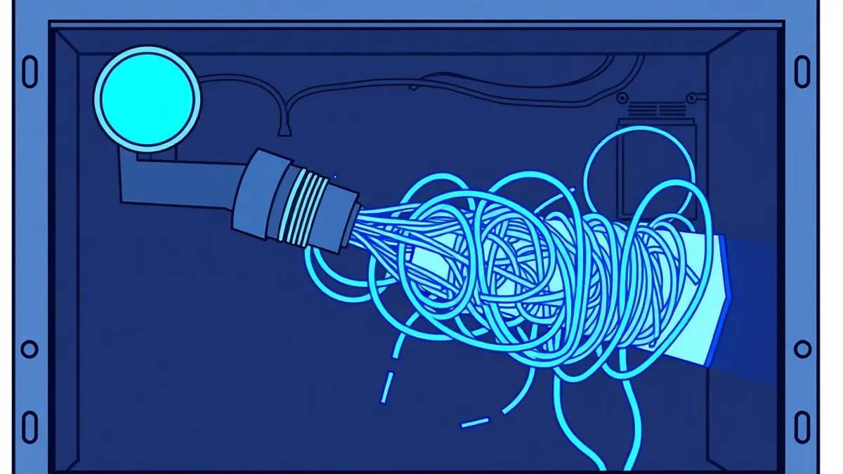 Illustration: A tangled knot of glowing blue cables snags on a jagged metal spike, disrupting the smooth flow of light through a translucent glass pipe.