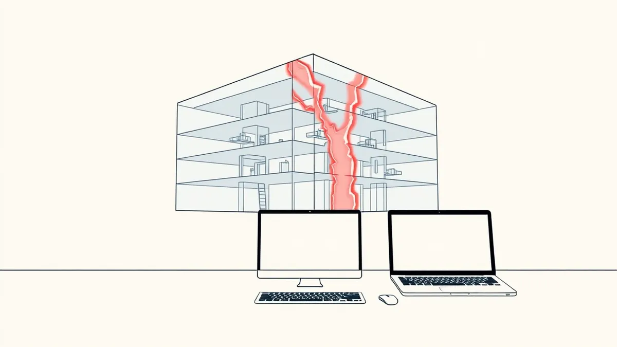 Illustration: A transparent architectural blueprint of a digital system floats above a clean white surface.