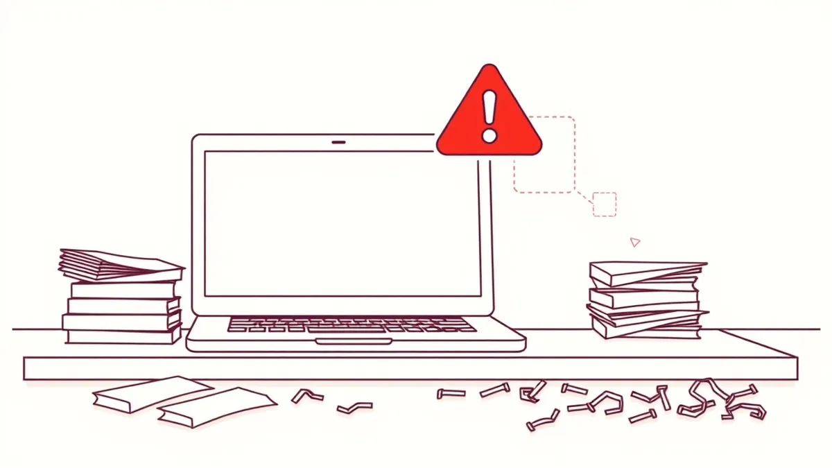 Illustration: A blank laptop screen sits on a desk next to a stack of white envelopes.