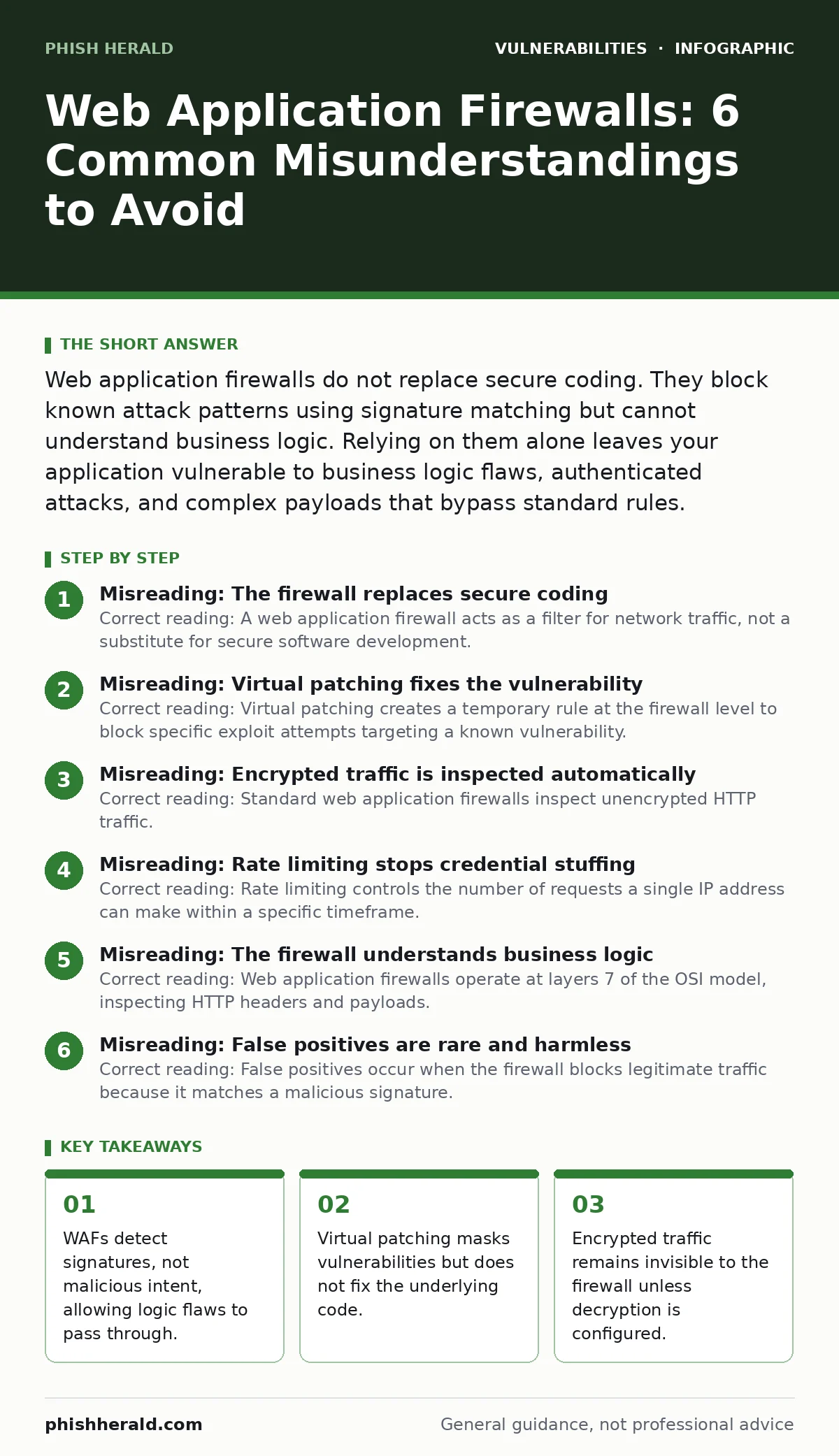 Infographic: Web Application Firewalls: 6 Common Misunderstandings to Avoid. WAFs detect signatures, not malicious intent, allowing logic flaws to pass through. Virtual patching masks vulnerabilities but does not fix the underlying code. Encrypted traffic remains invisible to the firewall unless dec