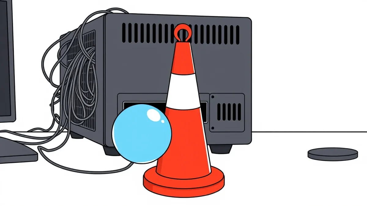 Illustration: A sleek black firewall appliance sits on a desk with tangled cables spilling from its back.