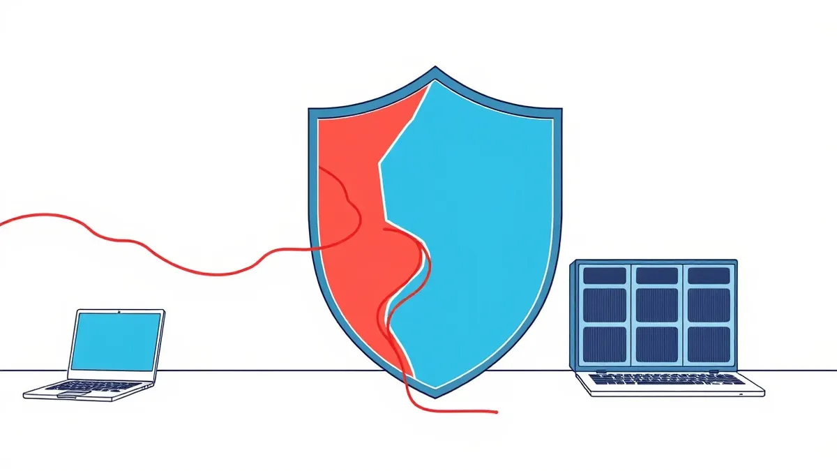 Illustration: A translucent blue shield sits behind a jagged red crack.