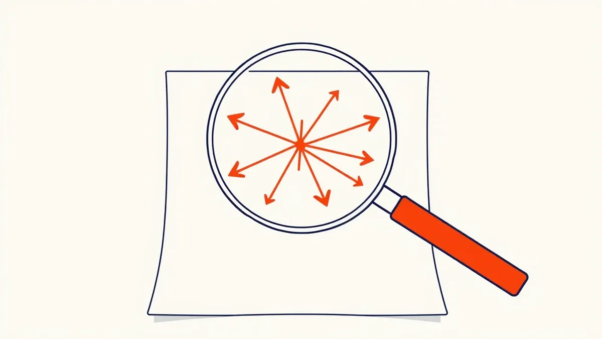 Illustration: A magnifying glass hovers over a blank white sheet of paper, focusing on a series of abstract red arrows and connecting lines that form a complex web.