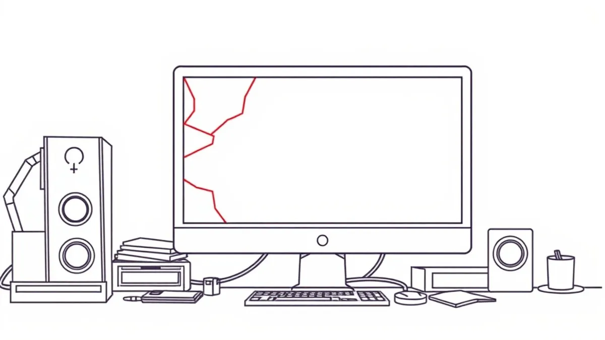 Illustration: A cracked computer monitor sits on a cluttered desk, its screen displaying only abstract jagged red lines.